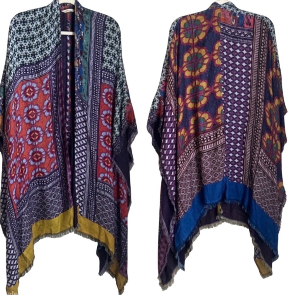 Soft Surroundings One Size Mixed Print Woven Kimono Wrap Poncho Made India‎